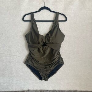DKNY Olive Green Twist-Front One-Piece Swimsuit